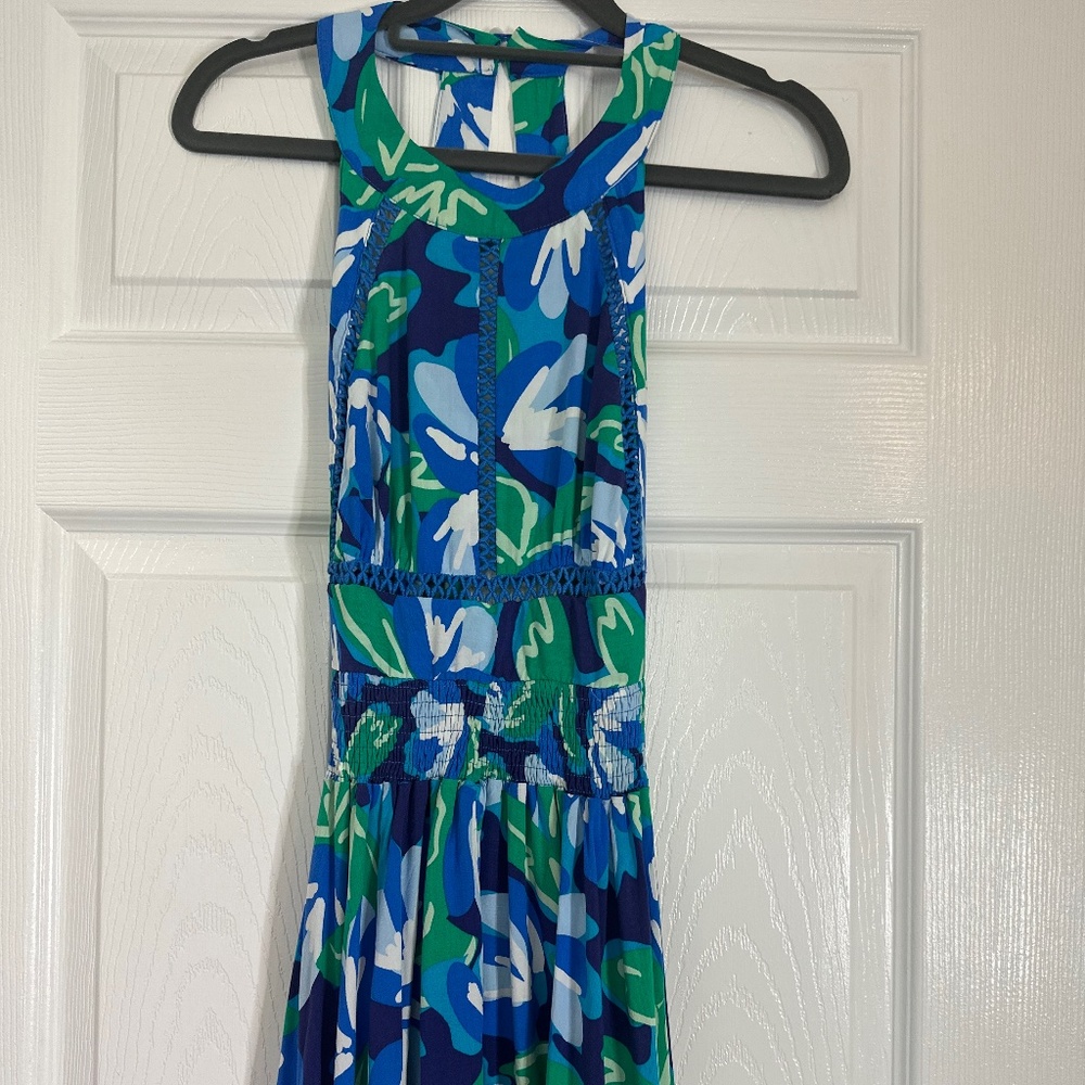 blue and green dress